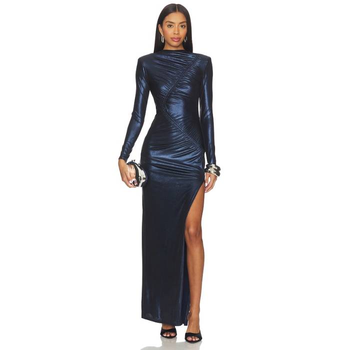 Self-Portrait 【 Metallic Gathered Maxi Dress Women Navy 】 お召しもの レディース 紺色 米国海軍