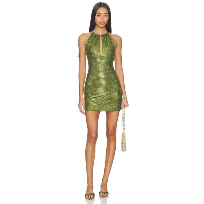 Self-Portrait 【 Olive Rhinestone Mini Dress Women Green 】 olive オリーブ 御召しもの レディース green 緑・緑であること