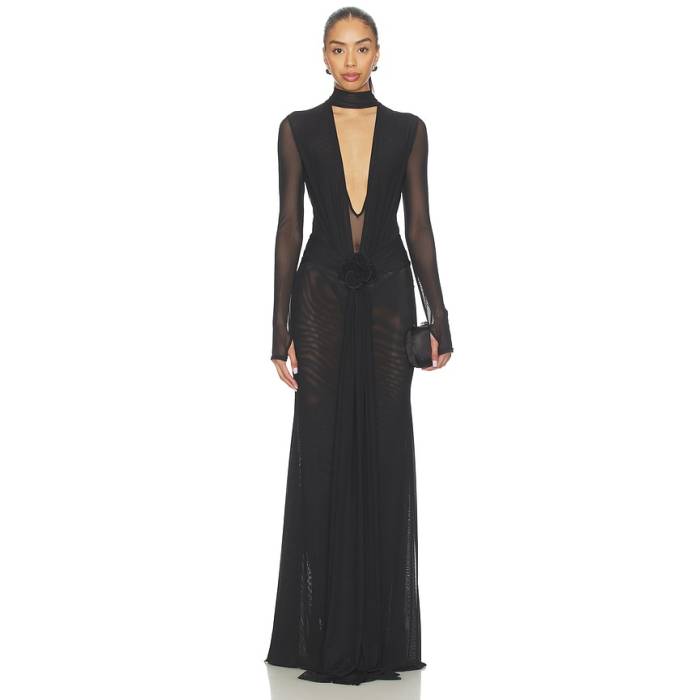 David Koma 【 V-Neck Long Sleeve Mesh Gown Women Black 】 Vのど首 Sleeve 衣袂 レディース 黒いこと 黒いこと