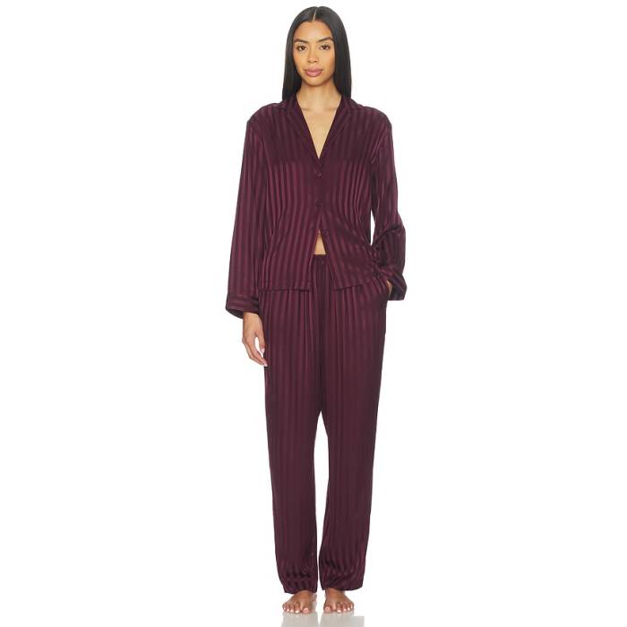 Lunya 【 Washable Silk Striped Jacquard Long Sleeve Pant Set Women Vintage Merlot 】 Sleeve 衣袂 ズボン下 レディース vintage ビンテージ・ヴィンテージ