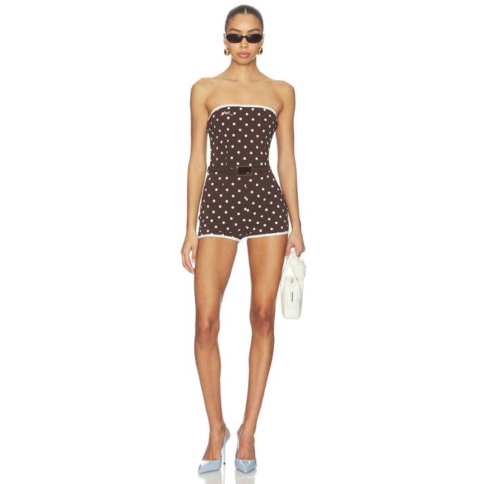 Rowen Rose 【 Polka Dots Bustier Mini Jumpsuit Women Brown Polka Dots 】 飛び降りる背広 レディース 赤銅色 赤銅色