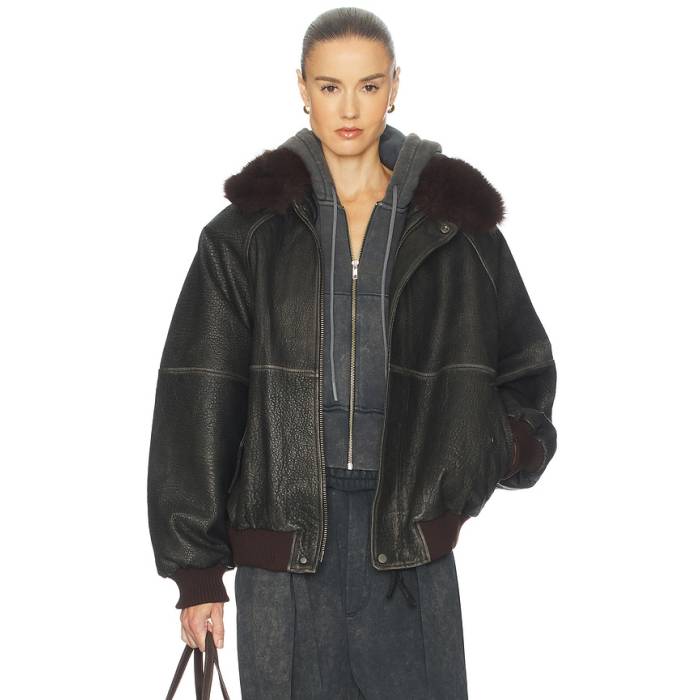 Helsa 【 The Oversized Leather Bomber With Faux Fur Collar Women Black 】 なめし革 レディース 黒いこと 黒いこと