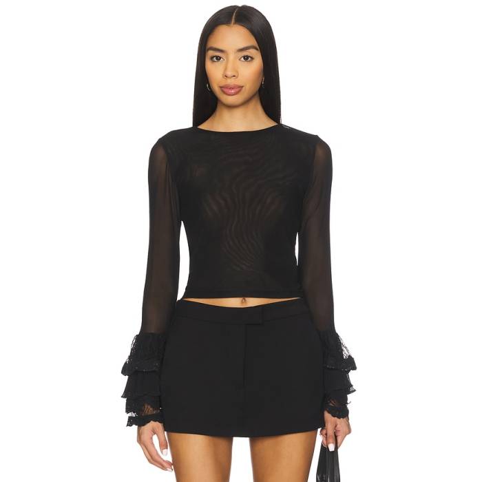 アリスアンドオリビア Alice + Olivia 【 Delaina Long Sleeve Crop Top With Ruffle Cuff Women Black 】 Sleeve 捩り Crop クロップ レディース 黒いこと 黒いこと