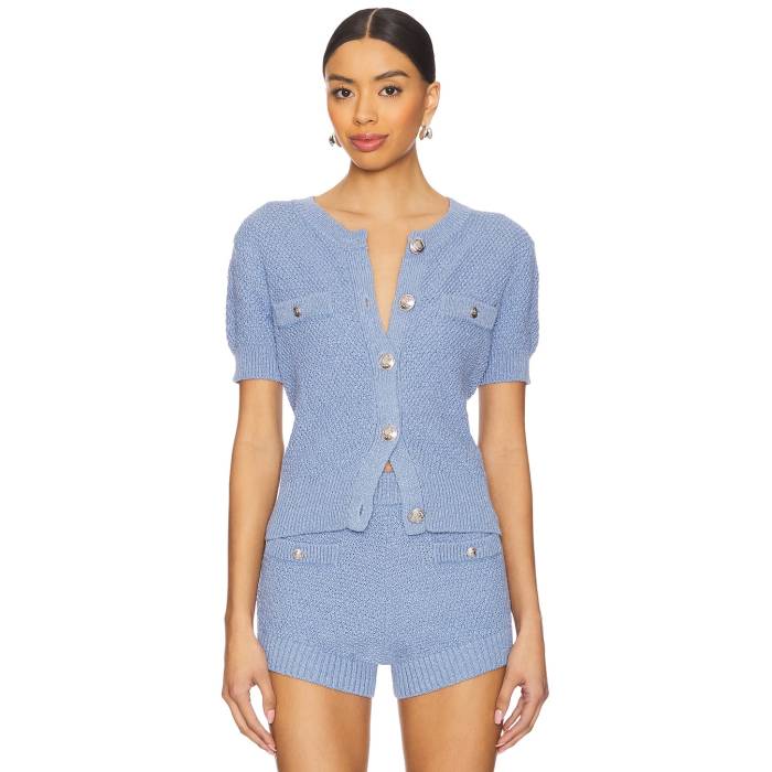 Central Park West 【 Seed Stitch Short Sleeve Cardigan Women Blue 】 Sleeve 捩り ジレー レディース 青味 青み