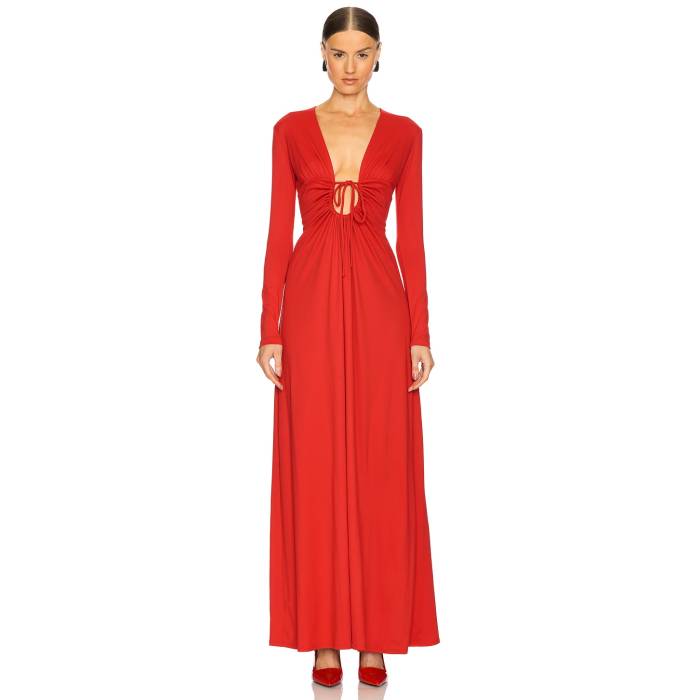 スサナモナコ Susana Monaco 【 Center Gathered Tie Long Sleeve Dress Women Perfect Red 】 ネクタイ Sleeve スリーブ ドレス レディースファッション ドレス レディース Red 赤・レッド