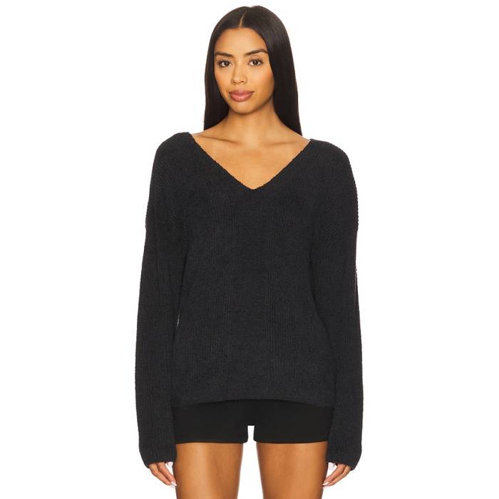 Barefoot Dreams 【 Cozychic Lite Ribbed V Pullover With Back Tie Women Black 】 ともし火 タイ レディース 黒いこと 黒いこと