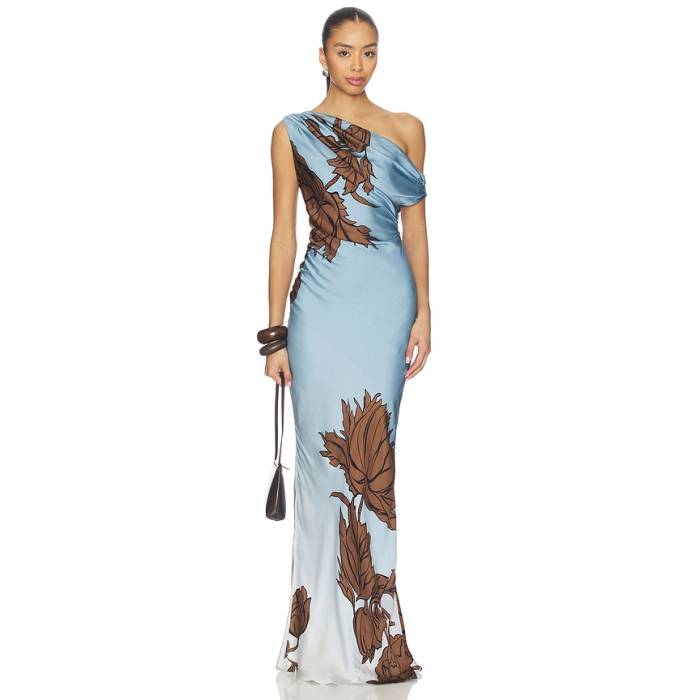 Rococo Sand 【 One Shoulder Maxi Dress Women Blue 】 御召しもの レディース 青碧 青碧