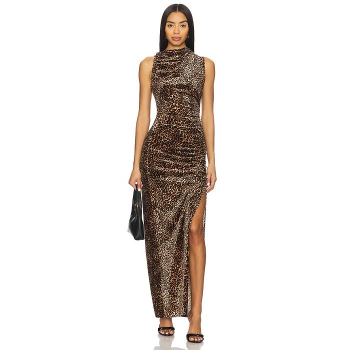 思わしいアメリカン Good American 【 Velvet High Neck Maxi Dress Women Mini Lucky Leopard 】 ご機嫌 お召しもの レディース ヒョウ柄 レオパード ドレス-レディースファッション