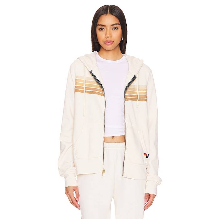 Aviator Nation 【 5 Stripe Zip Hoodie Women Vintage White \u0026Amp; Sand 】 Stripe 縞模様 フーディー パーカー レディース vintage ビンテージ・ヴィンテージ 白いこと 白いこと 砂色・砂子
