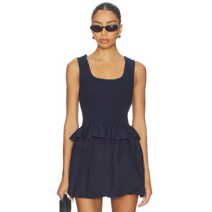 オニア Onia 【 Air Linen Smocked Tank Top Women Noir Navy 】 貯蔵タンクいの一番 レディース 紺色 米国海軍