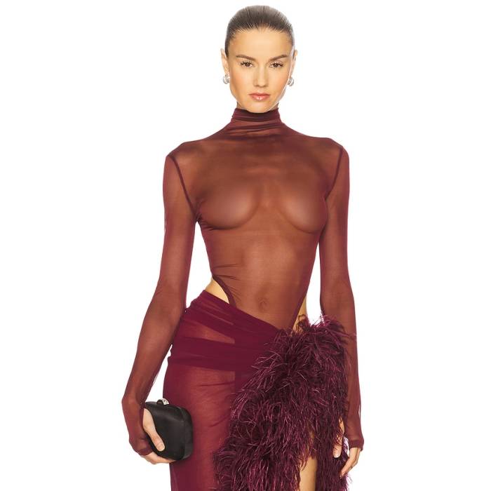 Bronx And Banco 【 Gaia Mesh Long Sleeve Bodysuit Women Burgundy 】 Sleeve 捩り 上半身背広 レディース ぶどう酒色・バーガンディー