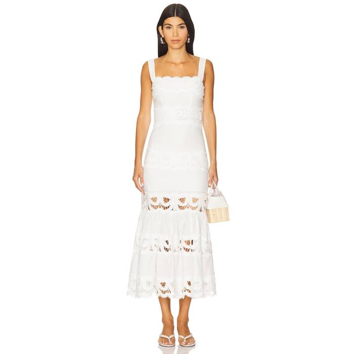 Self-Portrait 【 Linen Lace Insert Midi Dress Women White 】 御召しもの レディース 白いこと 白いこと