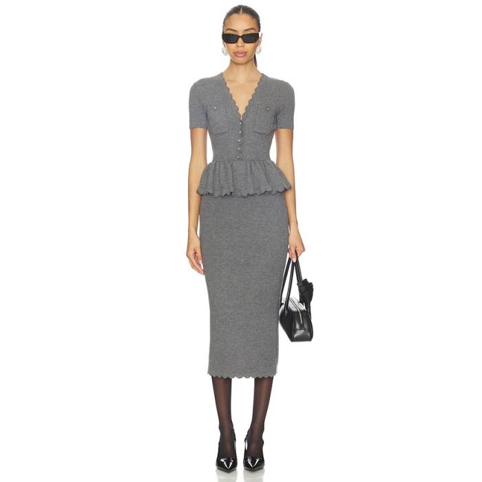 Self-Portrait 【 Peplum Knit Midi Dress Women Grey 】 編み物 御召しもの レディース 薄墨色 薄墨色