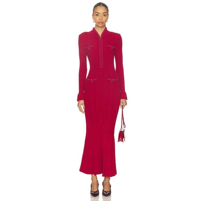 Self-Portrait 【 Red Pearl Trim Knit Midi Dress Women Red 】 Red 赤・赤いこと パール 編み物 御召しもの レディース Red 赤・赤いこと