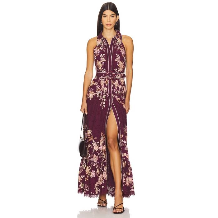 Hemant And Nandita 【 Long Shirt Dress With Buckle Belt Women Burgundy Floral 】 御召しもの バックル 三尺帯 レディース ブドウ酒色・バーガンディー