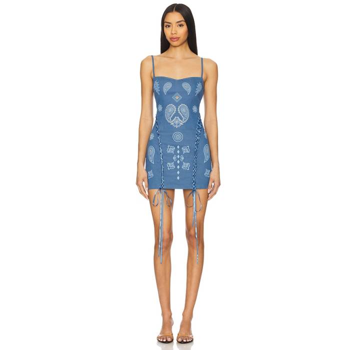 Leslie Amon 【 X Revolve Lace Up Denim Mini Dress Women Blue 】 ジーンズ お召しもの レディース 青み 青色