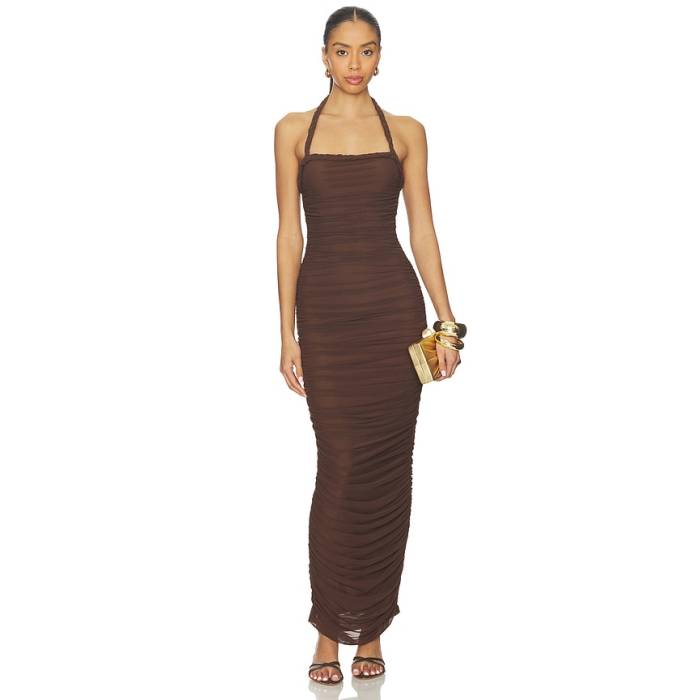 Sndys 【 Gianna Ruched Halterneck Maxi Dress Women Chocolate 】 お召しもの レディース