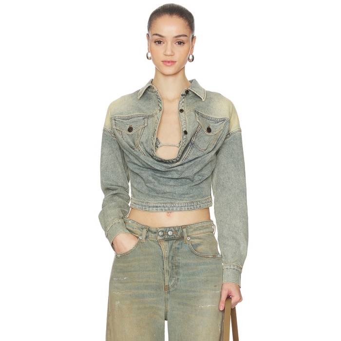 Marrknull 【 Swing Pleat Denim Shirt Women Blue 】 Swing 律動的な調子 ジーンズ レディース 青味 青み