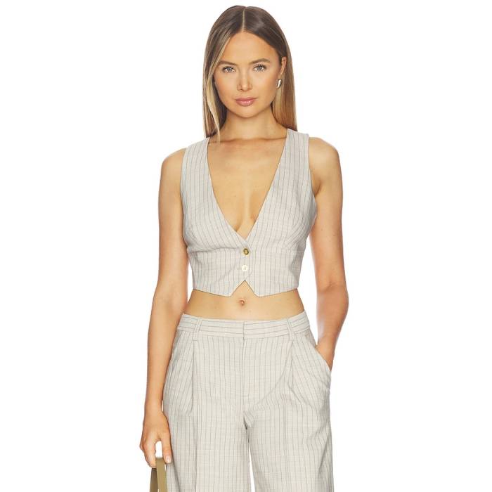 L\u0027agence 【 Devony Plunge Neck Vest Women Grey \u0026Amp; Tan Pinstripe 】 より良い レディース 薄墨色 薄墨色