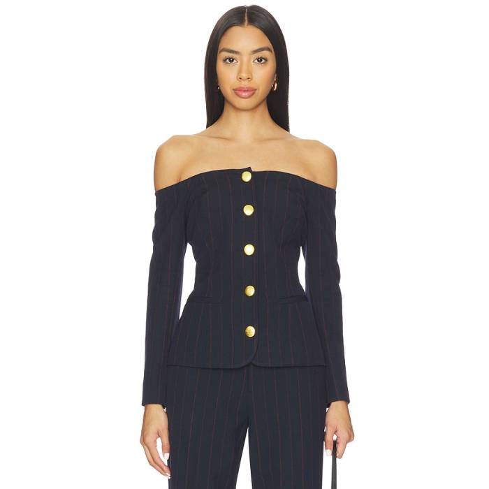 L\u0027agence 【 Alice Off Shoulder Blazer Women Midnight \u0026Amp; Burgundy Pinstripe 】 ブレイザー レディース ぶどう酒色・バーガンディー