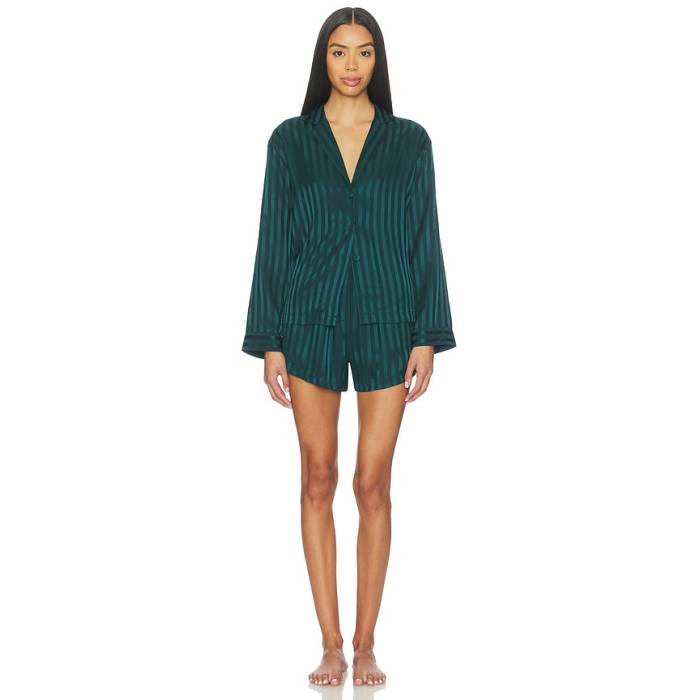 Lunya 【 Washable Silk Striped Jacquard Button Up Long Sleeve Short Set Women Dusky Cypress 】 Sleeve 衣袂 レディース