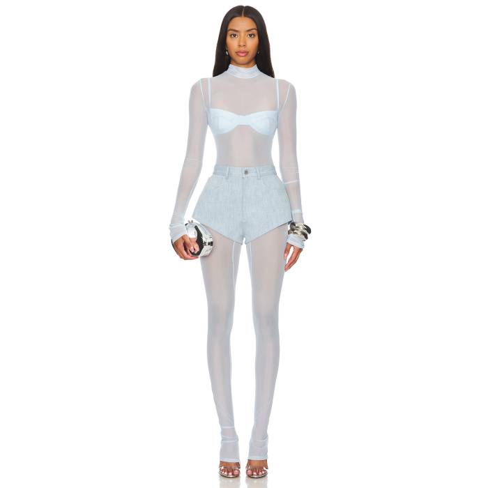 Lapointe 【 Mesh Mock Neck Catsuit Women Light Indigo 】 レディースファッション その他 レディース 藍色・インディゴ
