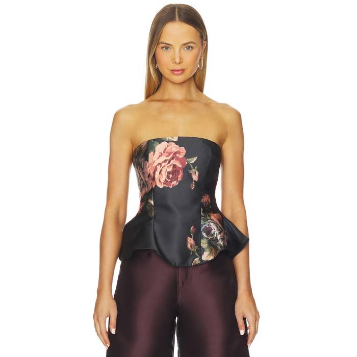 Marques \u0027 Almeida 【 Flower Printed Strapless Top Women Black 】 レディース 黒いこと 黒いこと