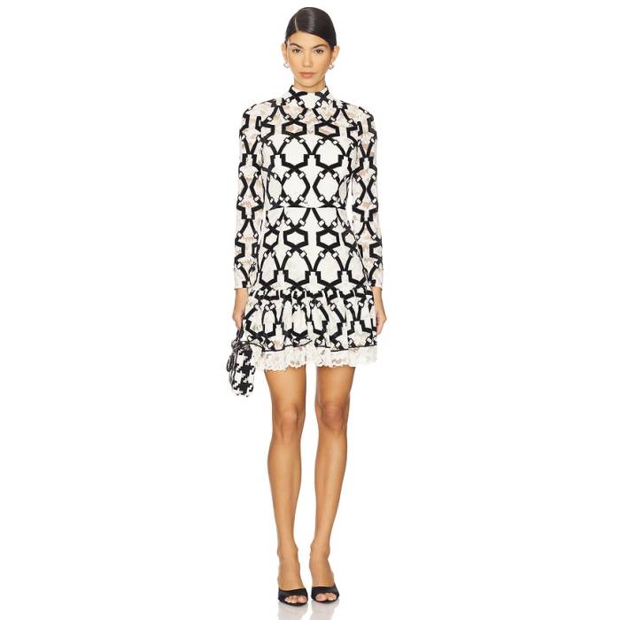 ミリー Milly 【 Willa Velvet Flock Lace Mock Neck Dress Women White \u0026Amp; Black 】 お召しもの レディース 白いこと 白いこと 黒いこと 黒いこと