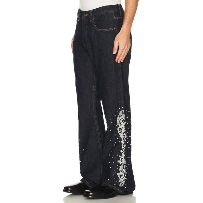 Birth Of Royal Child 【 Embroidered Pearl Flared Trousers Men Blue 】 パール メンズ 青味 青み