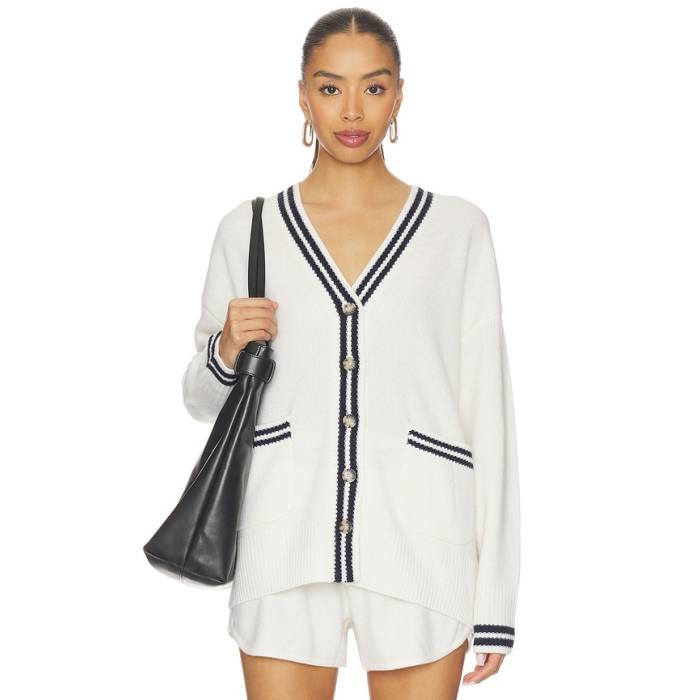 White \u0026 Warren 【 Cashmere Varsity Cardigan Women Soft White \u0026Amp; Deep Navy 】 ジレー レディース 白いこと 白いこと ディープ 紺色 米国海軍