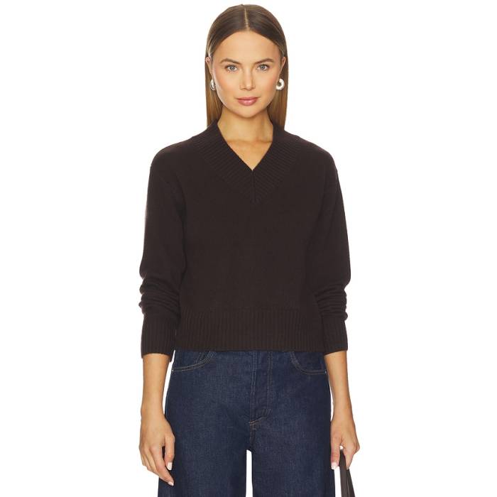 White & Warren 【 Cashmere Wide Rib Trim Vneck Top Women Dark Umber 】 レディース｜スニケス