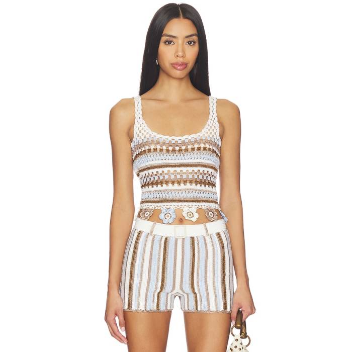 My Beachy Side 【 Noa Hand-Crocheted Top Women Blue Striped 】 レディース 青碧 青碧