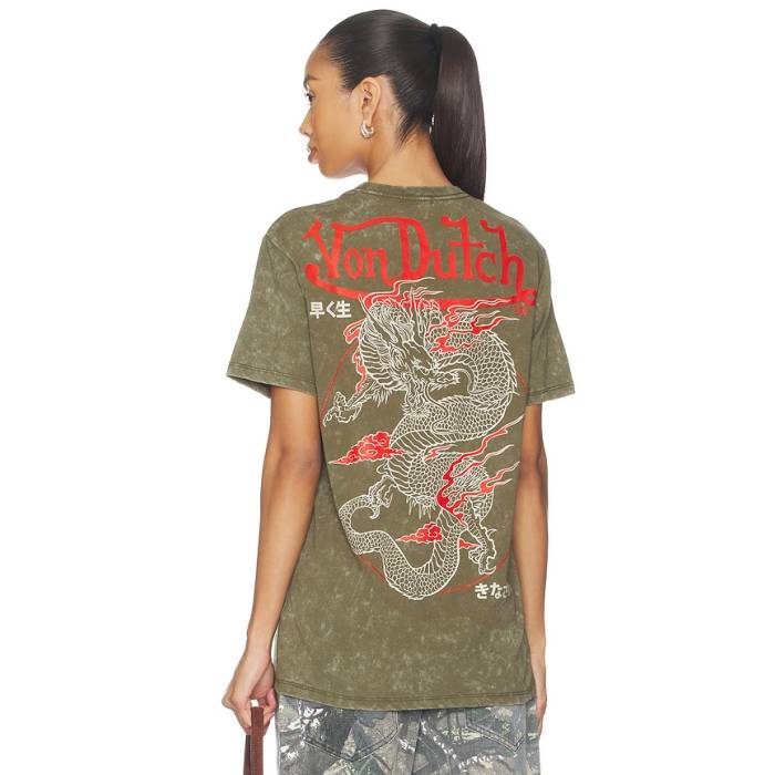 フォンダッチ Von Dutch 【 Dragon Washed Tee Unisex Olive Night Mineral Wash 】 ドラゴン Tシャツ ユニセックス olive オリーブ ナイト|スニケス