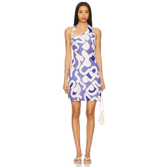 ミンクのコートサクラ色 Minkpink 【 Iris Asymmetric Mini Dress Women Blue Geo 】 お召しもの レディース 青み 青色