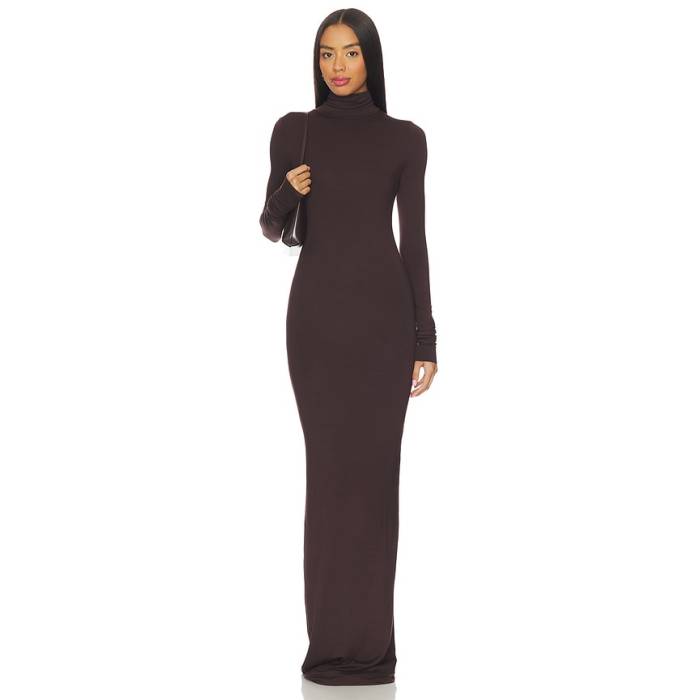 Eterne 【 Long Sleeve Turtleneck Soft Jersey Maxi Dress Women Espresso 】 Sleeve 捩り プルオーバー お召しもの レディース