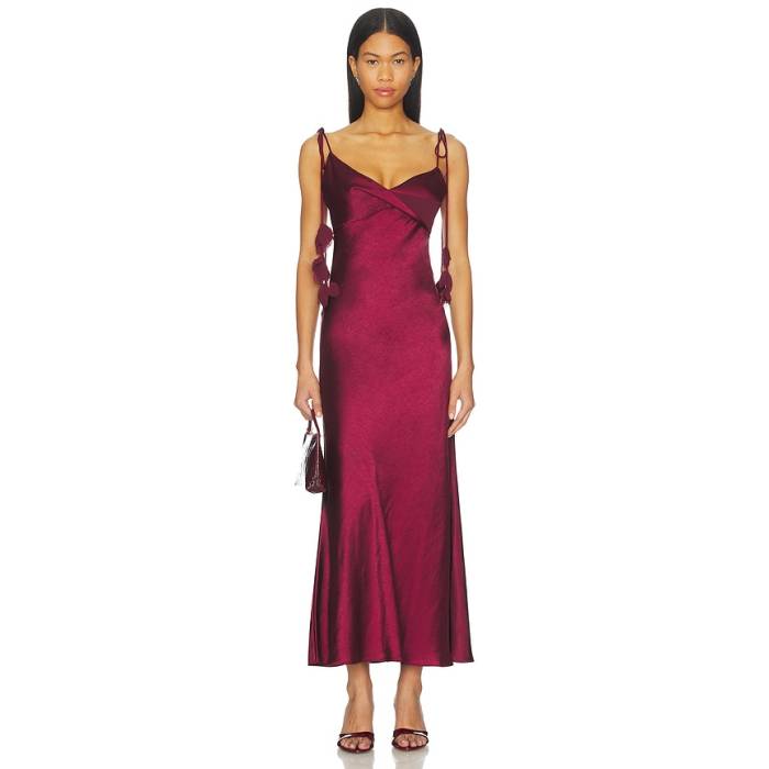Self-Portrait 【 Satin Flower Midi Dress Women Burgundy 】 繻子 お召しもの レディース ブドウ酒色・バーガンディー ドレス-レディースファッション