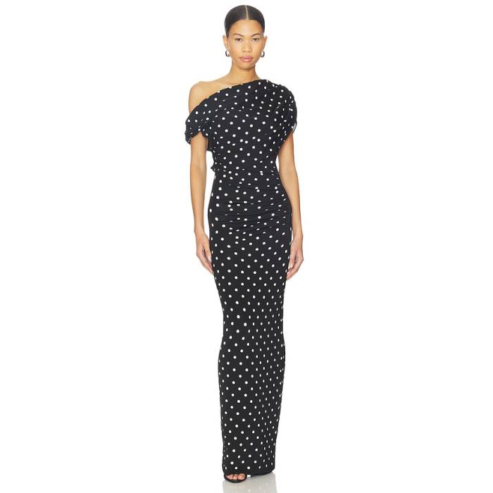 Self-Portrait 【 Polka Dot Draped Knit Midi Dress Women Black \u0026Amp; White 】 編み物 御召しもの レディース 黒いこと 黒いこと 白いこと 白いこと