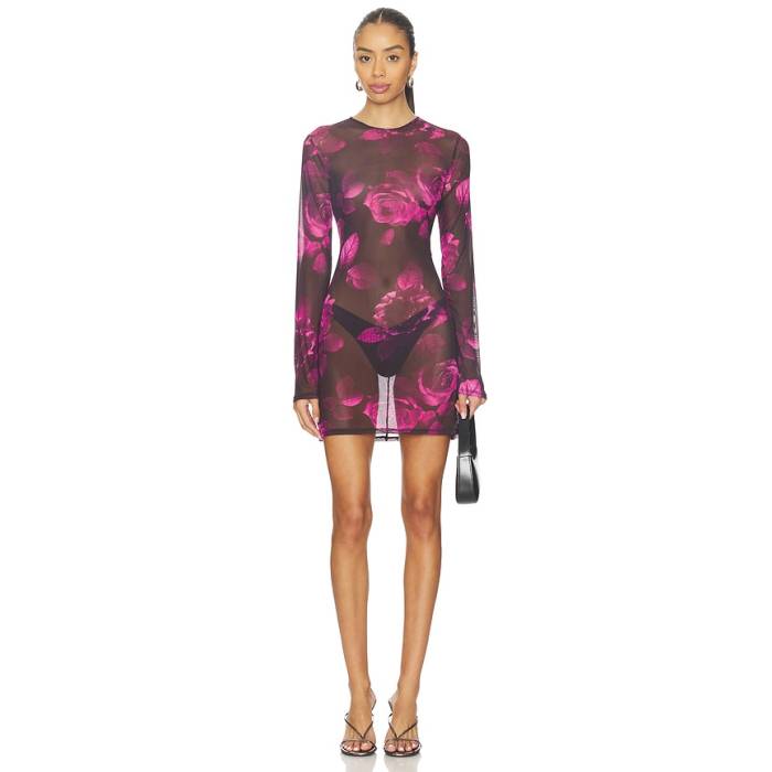 好ましいアメリカン Good American 【 Mesh Mini Dress Women Dark Spaced Roses 】 御召しもの レディース