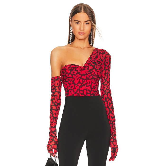 Michael Costello 【 X Revolve Nobu Bodysuit Women Red \u0026Amp; Black Leopard 】 上半身背広 レディース Red 赤・赤いこと 黒いこと 黒いこと ヒョウ柄 レオパード