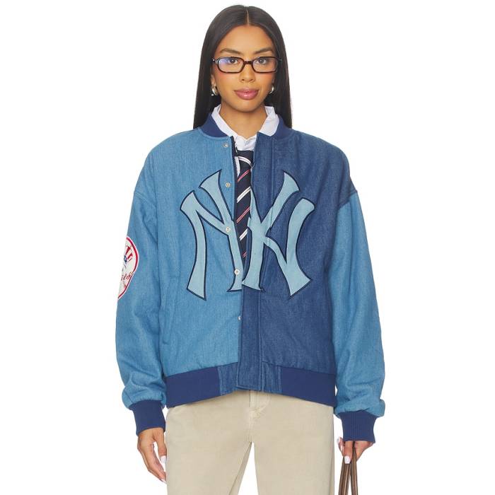 Terez 【 X Revolve Yankees Denim Logo Bomber Women Denim Dark &Amp; Medium 】 ヤンキース デニム ロゴ レディース デニム|スニケス