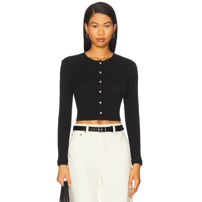Leset 【 Pointelle Crop Cardigan Women Black 】 Crop クロップ ジレー レディース 黒いこと 黒いこと