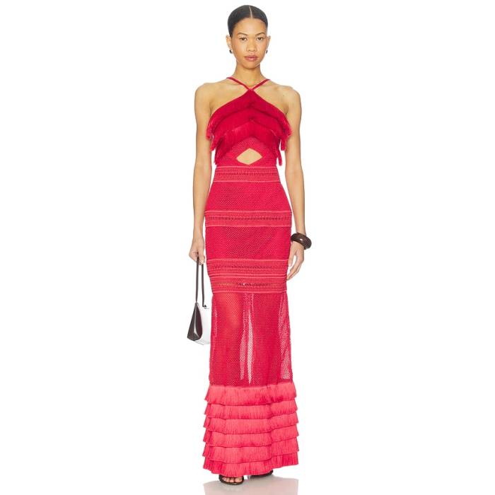 Patbo 【 Radiant Fringe Halterneck Maxi Dress Women Dark Red 】 御召しもの レディース Red 赤・赤いこと