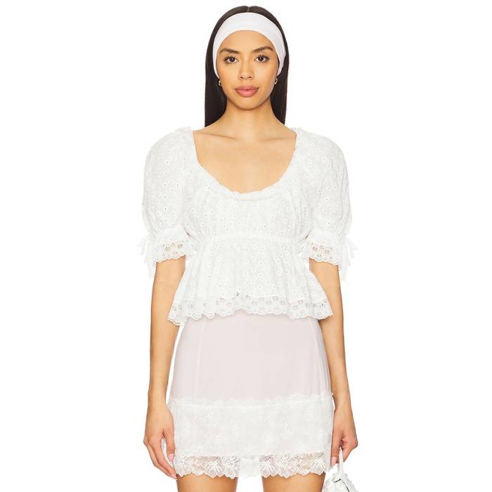 Yuhan Wang 【 Floral Embroidered Short Sleeve Blouse Women White 】 Sleeve 捩り レディース 白いこと 白いこと