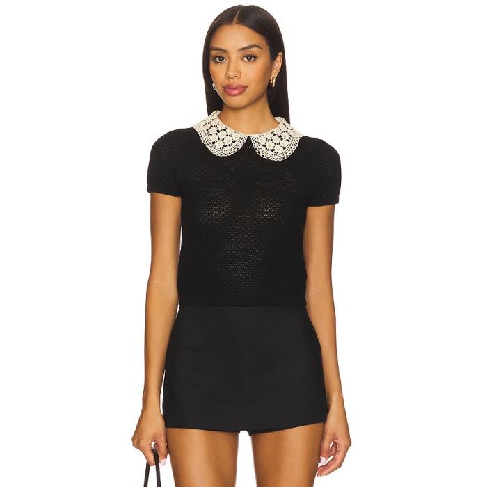 アリスアンドオリビア Alice + Olivia 【 Ciara Short Sleeve Pullover With Collar Women Black \u0026Amp; Tan 】 Sleeve 衣袂 レディース 黒いこと 黒いこと