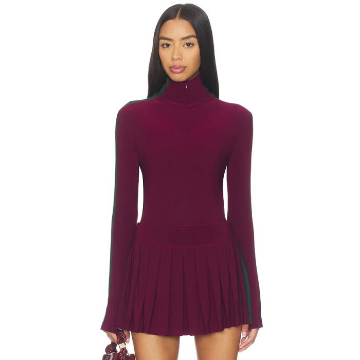 Norma Kamali 【 Side Stripe Turtleneck Bodysuit Women Plum \u0026Amp; Dark Emerald 】 Stripe 縞模様 上半身背広 レディース