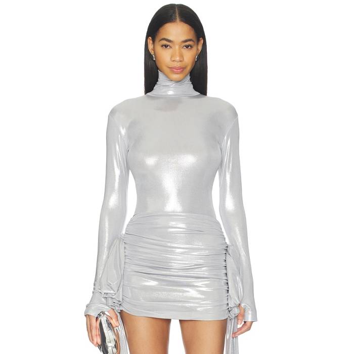 Norma Kamali 【 Slim Fit Long Sleeve Turtle Top Women Silver 】 slim か細い Sleeve 捩り レディース Silver しろがね色・しろがね色