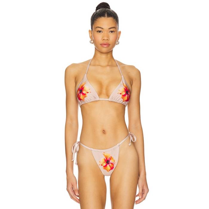 好ましいアメリカン Good American 【 Satin Tiny Ties Bikini Top Women Champagne Tropical Hibiscus001 】 繻子 レディース