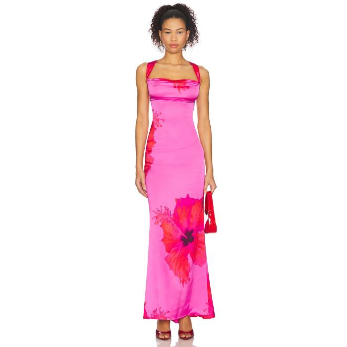 グッドアメリカン Good American 【 Satin Lace Up Maxi Dress Women Pink Hibiscus002 】 サテン ドレス レディース pink ピンク｜スニケス
