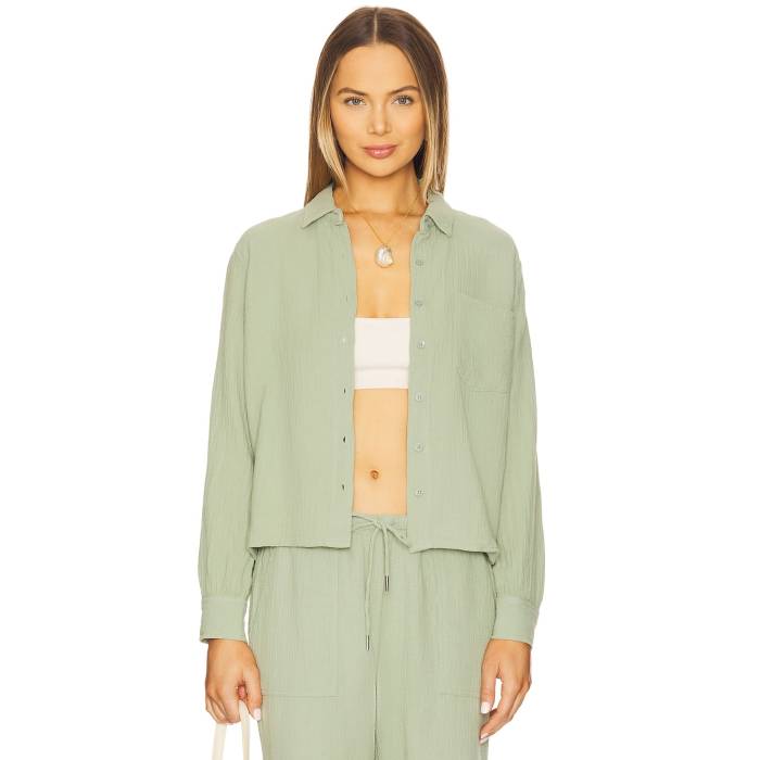 Bobi 【 Cropped Button Up Shirt Women Juniper 】 レディースファッション トップス シャツ ブラウス レディース