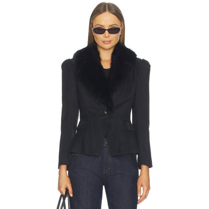L\u0027agence 【 Kaisley Fur Collar Blazer Women Black Shadow Stripe 】 ブレイザー レディース 黒いこと 黒いこと シャドー・シャドウ Stripe 縞模様